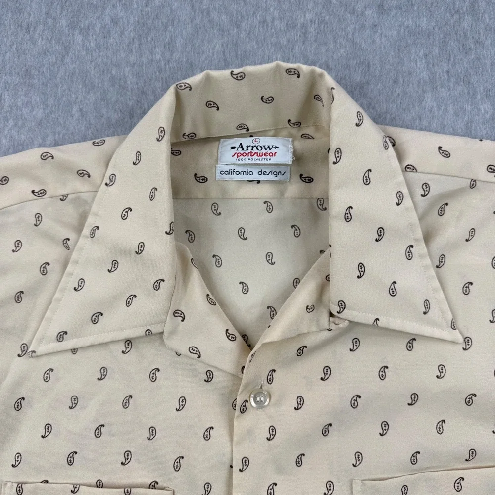 Vintage Arrow Sportswear Shirt Mens Large Beige Paisley 70s Loop Collar‎ Camp